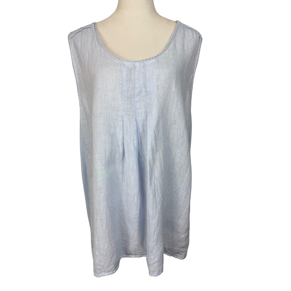 Lung L'arno‎ Linen Tunic Top Womens L Light Blue  Crochet Lace Ribbed Panels
